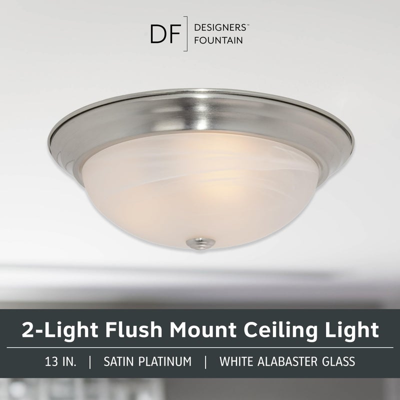 DESIGNERS FOUNTAIN Reedley 2-Lights Flush Mount Ceiling Light, 13 Inch Lighting Fixture for Kitchen, Bedroom, Bathroom, and Hallway, White Alabaster Glass, Satin Platinum, 1257M-SP-AL - Image 2
